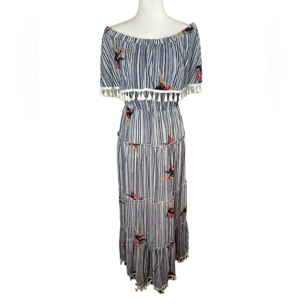 L’ATISTE by AMY Blue & White Off Shoulder tier Maxi Dress with fringe Tassles - Picture 3 of 17